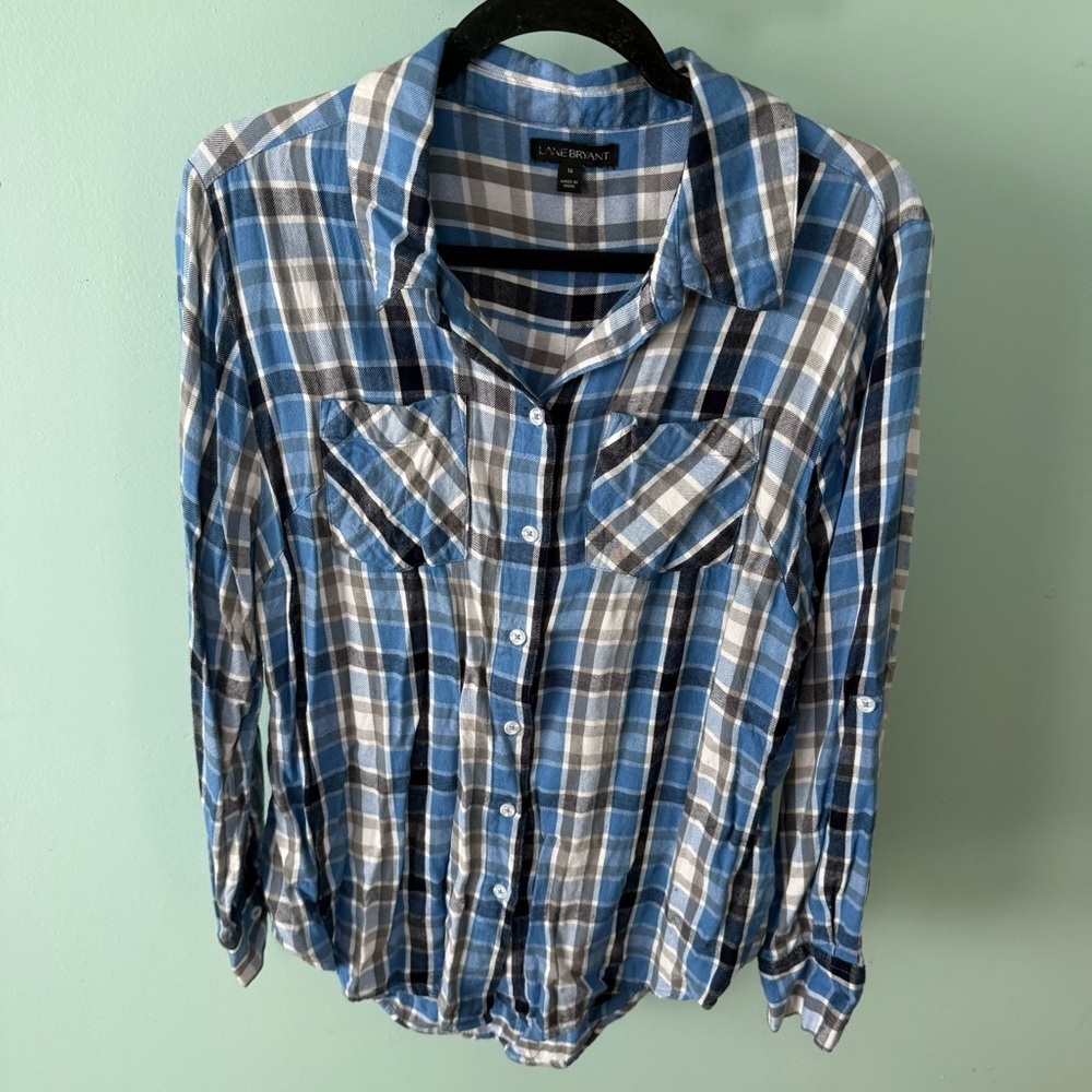 Lane Bryant Blue Plaid Button-Up Shirt Size 16